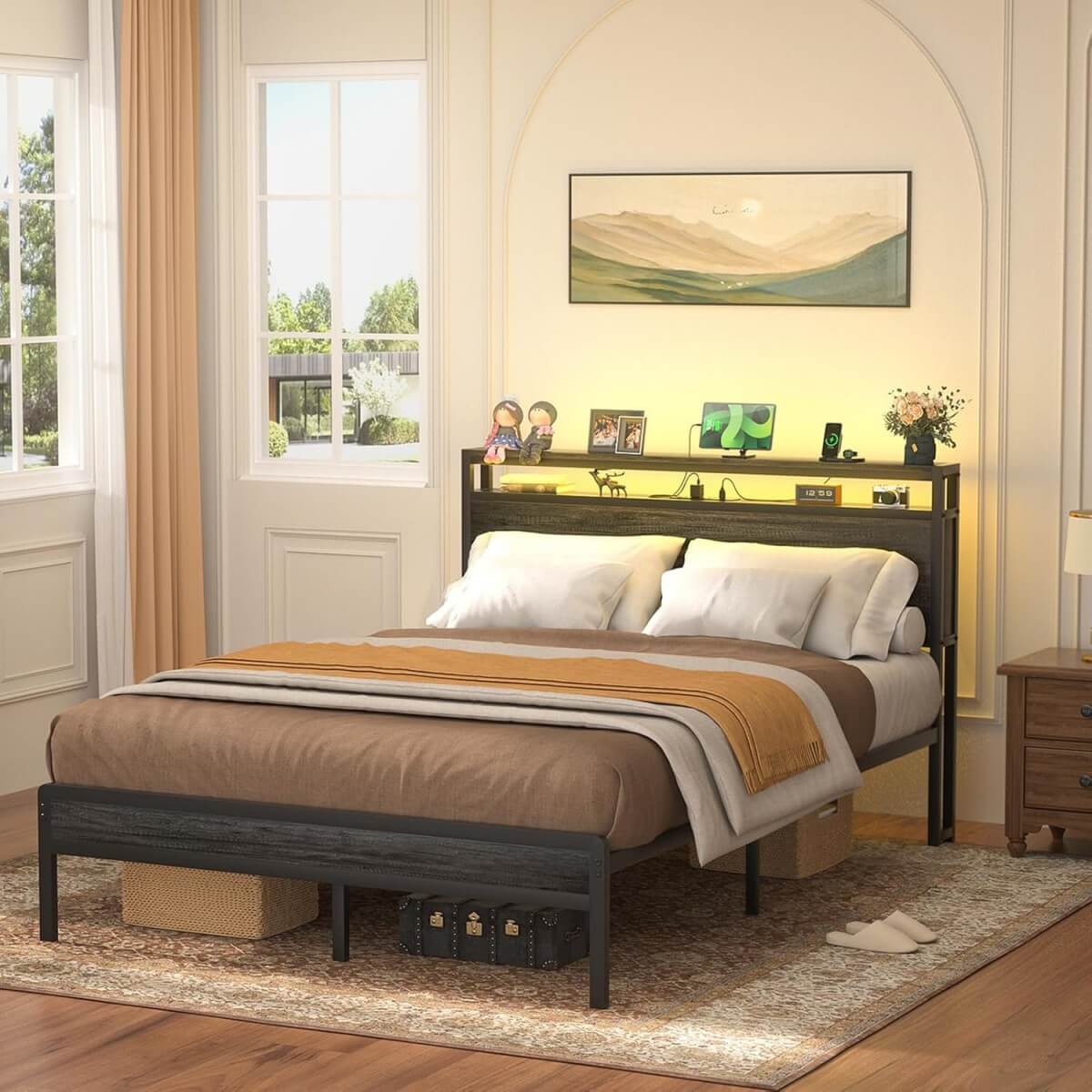 Full Size Heavy Duty Metal Bed Frame with Headboard, Outlets, and LED Lights