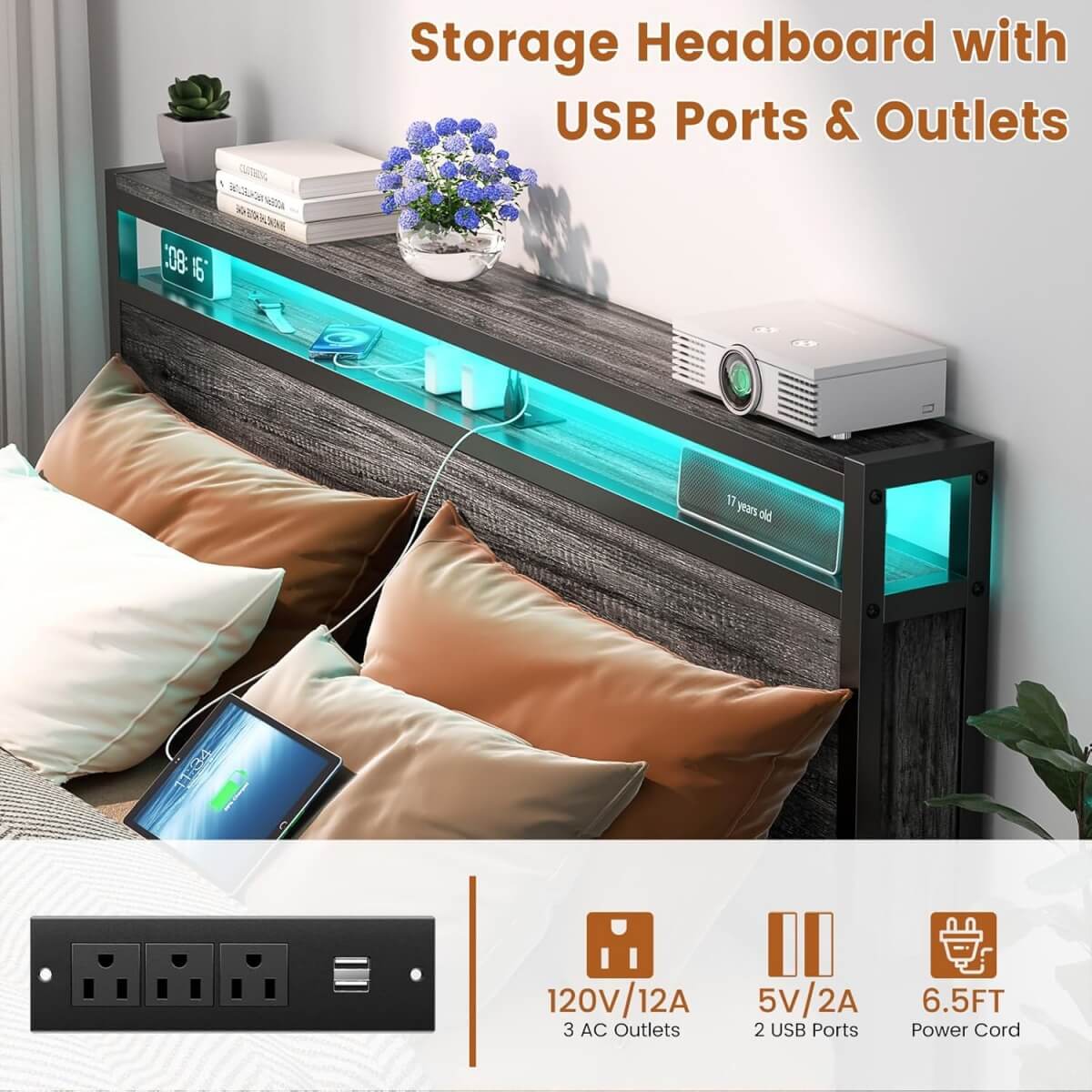Full Size Heavy Duty Metal Bed Frame with Headboard, Outlets, and LED Lights