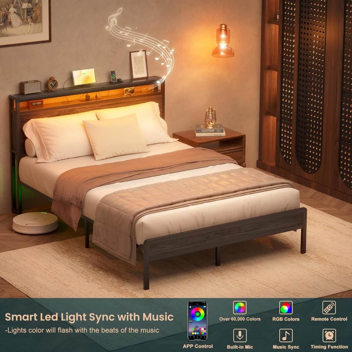 Full Size Heavy Duty Metal Bed Frame with Headboard, Outlets, and LED Lights