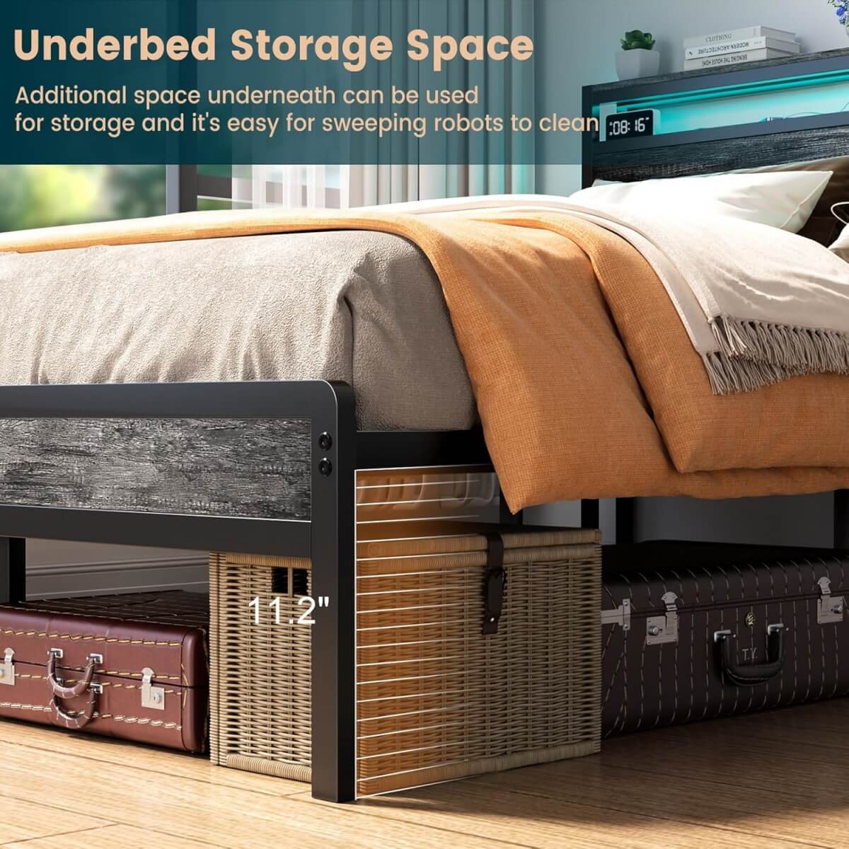 Full Size Heavy Duty Metal Bed Frame with Headboard, Outlets, and LED Lights