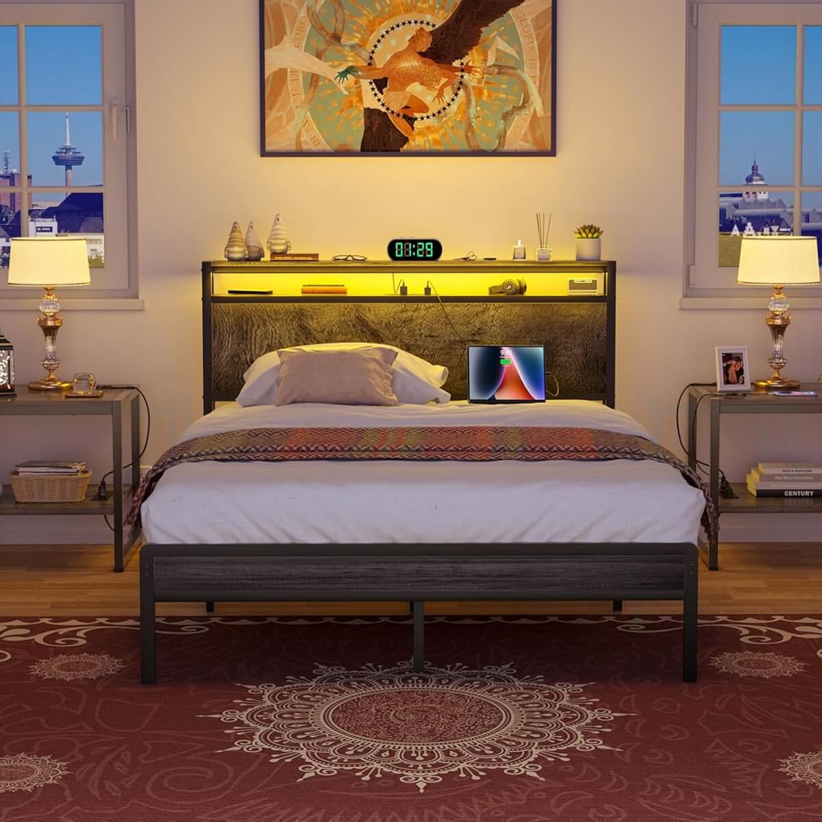 Full Size Heavy Duty Metal Bed Frame with Headboard, Outlets, and LED Lights