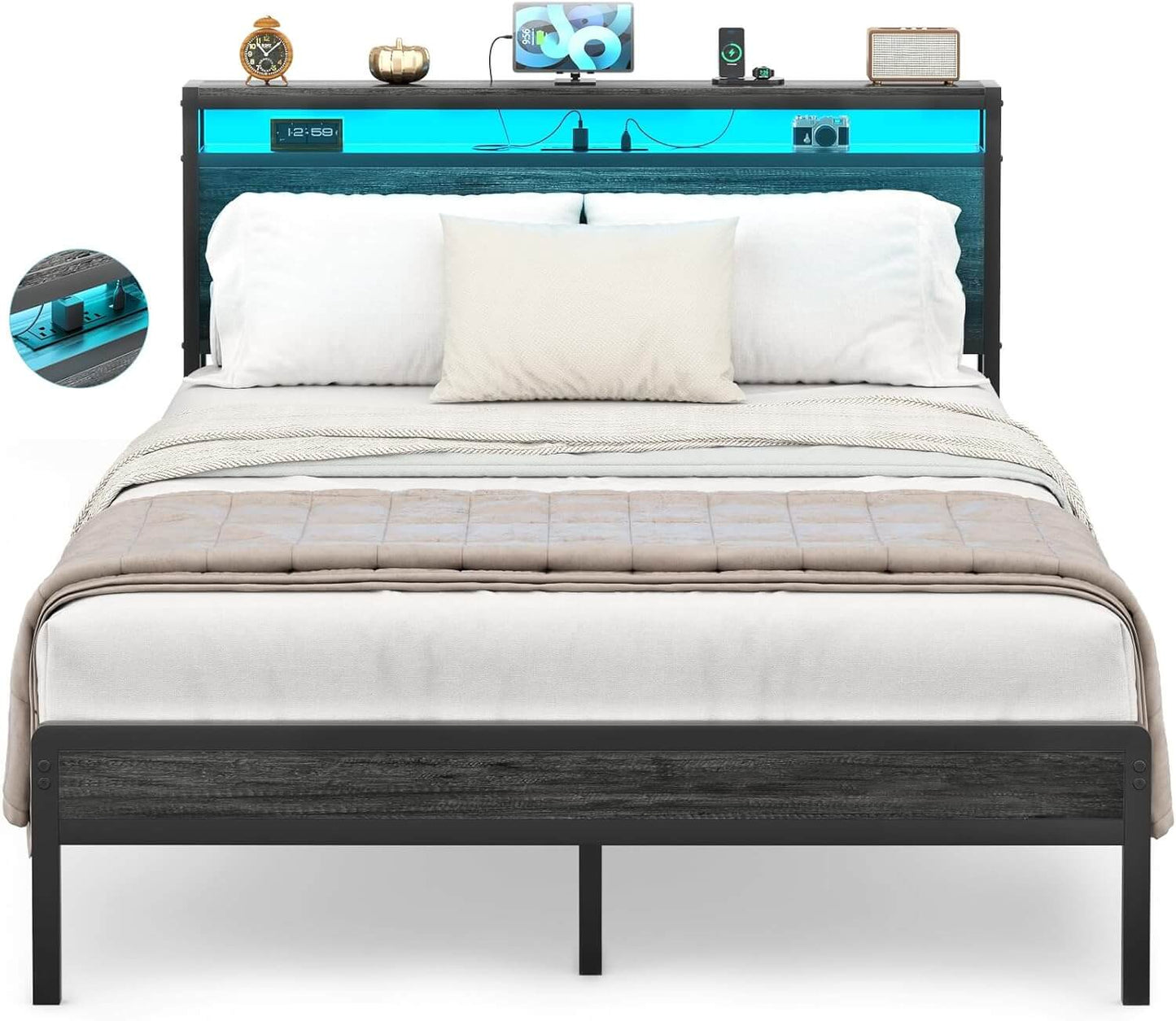 Full Size Heavy Duty Metal Bed Frame with Headboard, Outlets, and LED Lights