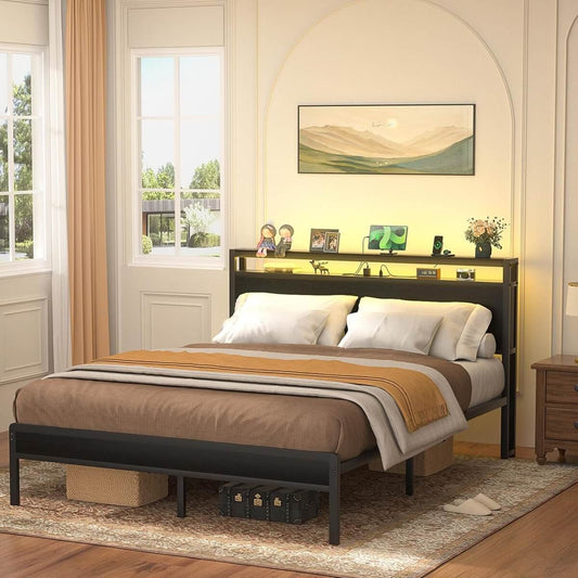 Queen Size Heavy Duty Metal Bed Frame with Headboard, Outlets, and LED Lights