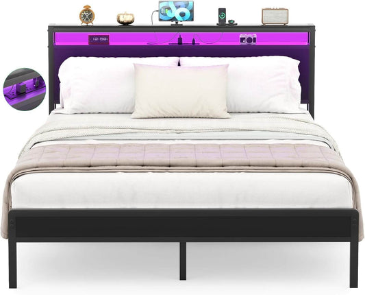 Queen Size Heavy Duty Metal Bed Frame with Headboard, Outlets, and LED Lights
