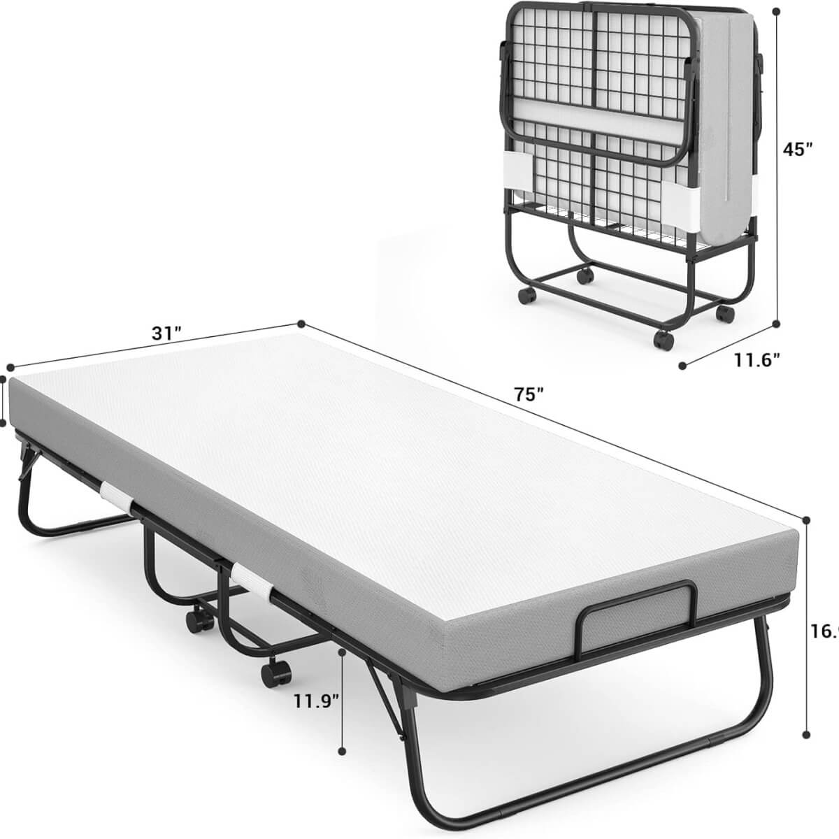 Folding Bed with Memory Foam Mattress, 75' x 31'
