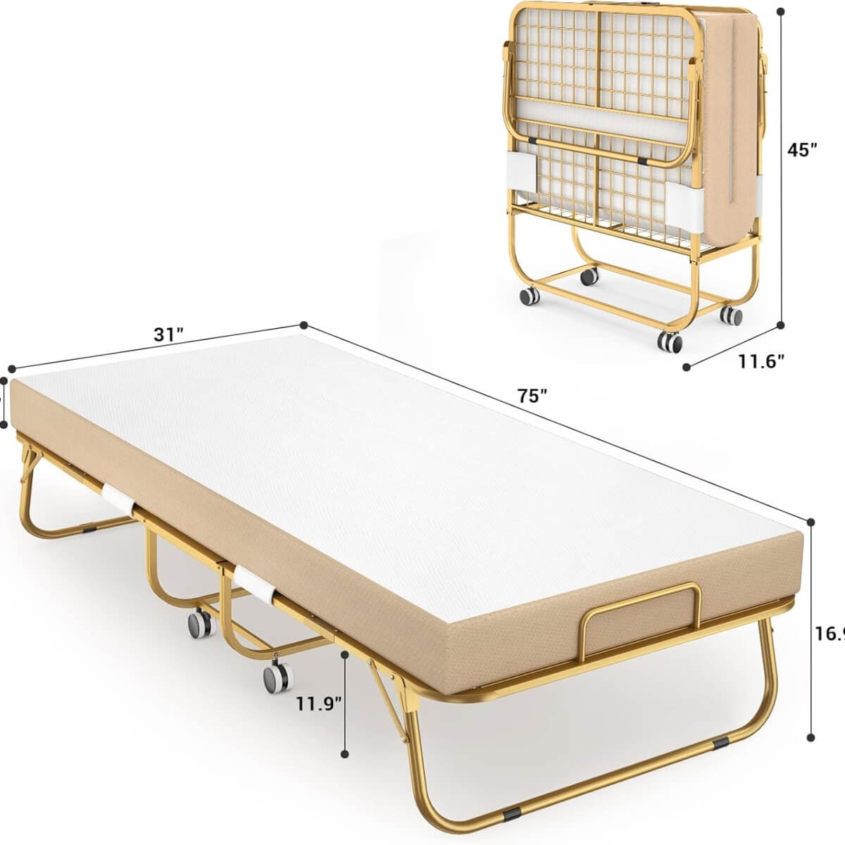 Folding Bed with Memory Foam Mattress, 75' x 31'