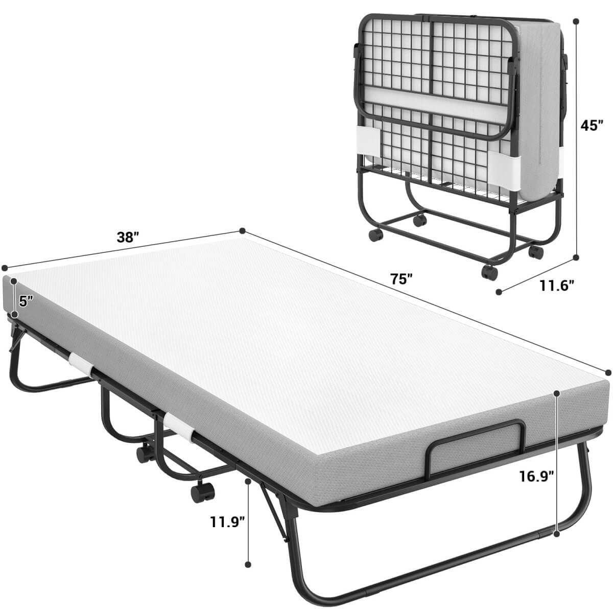 Twin Size Folding Bed with Mattress, 75'' x 38''