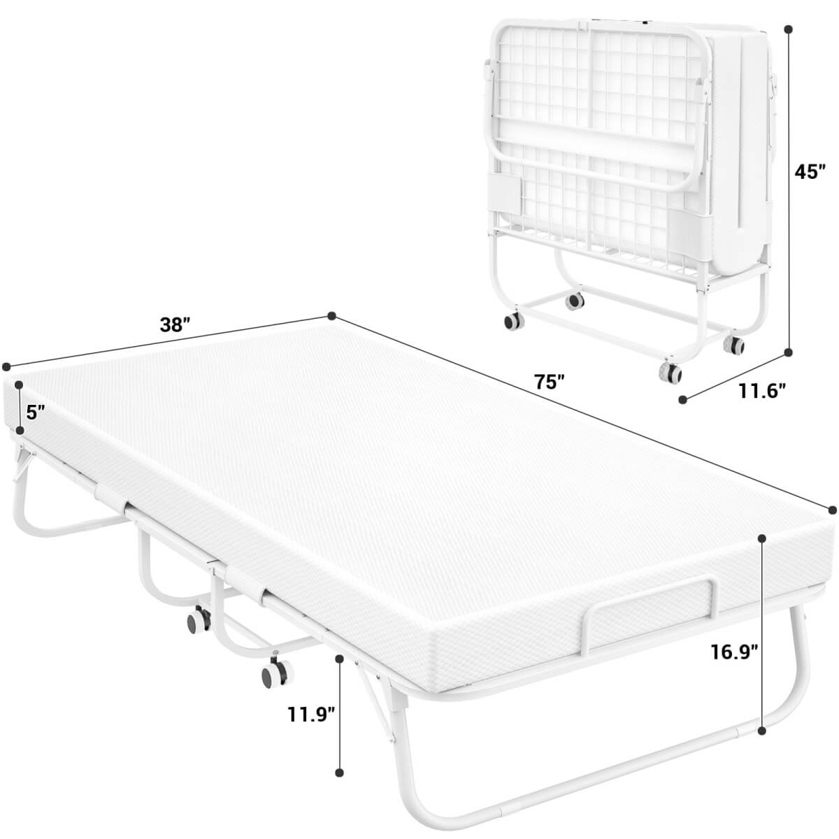 Twin Size Folding Bed with Mattress, 75'' x 38''