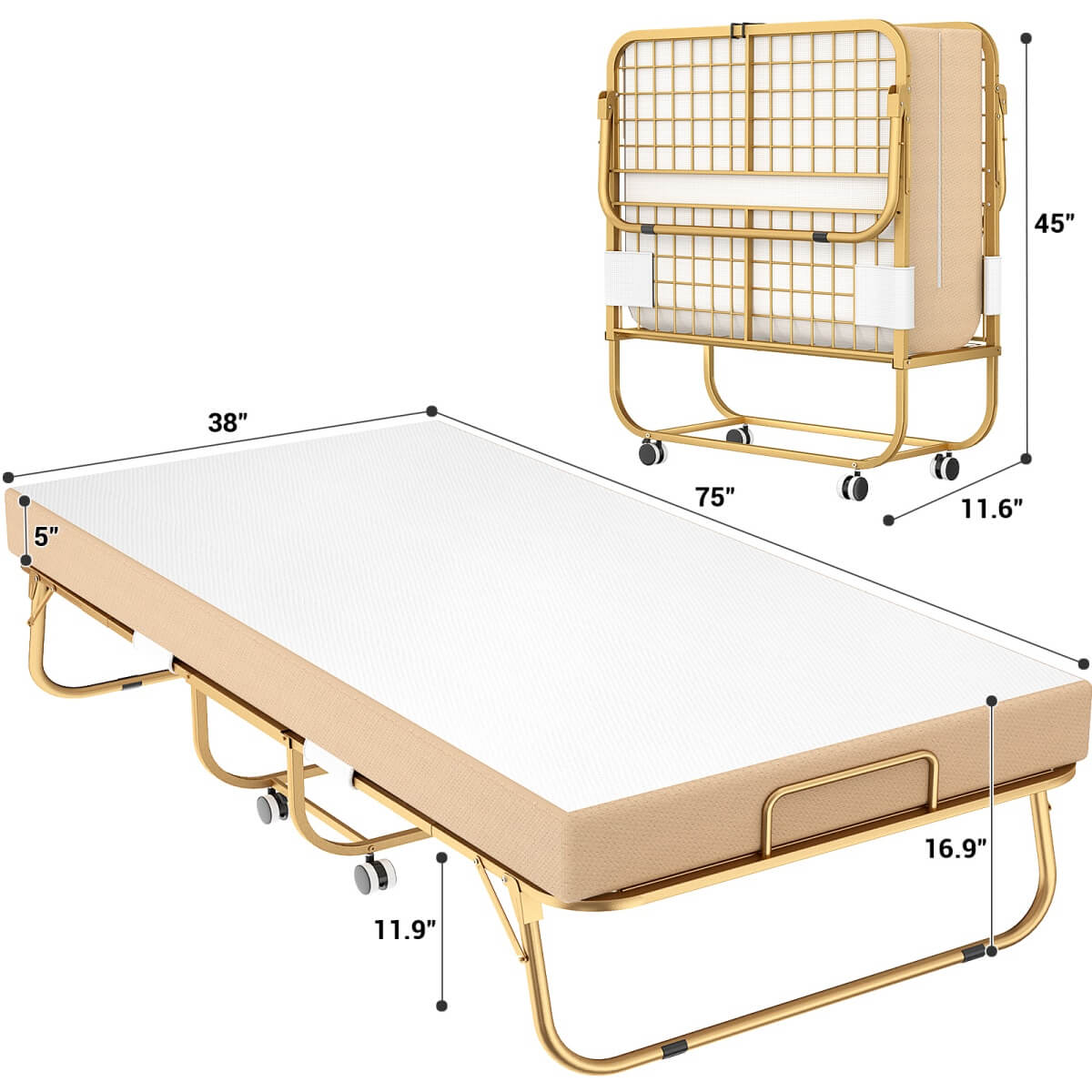 Twin Size Folding Bed with Mattress, 75'' x 38''