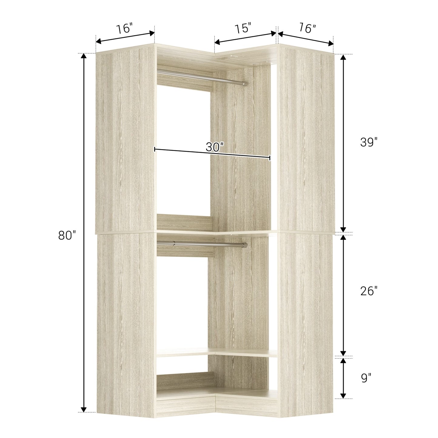 31" Modular Corner Closet Organizer System with 2 Hanging Rods and Shelves