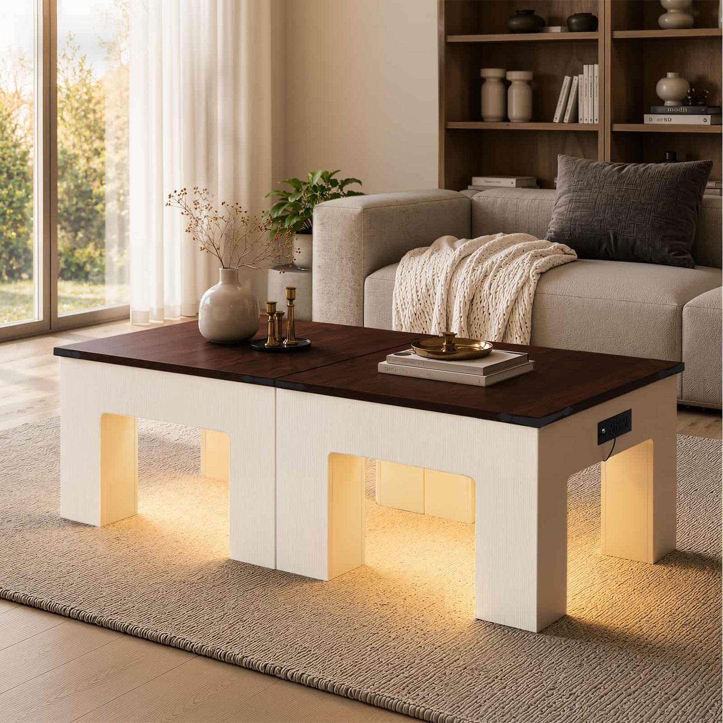 Square Coffee Table with Charging Station and LED Lights