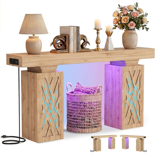 47'' Farmhouse Console Table with Charging Station & LED Lights