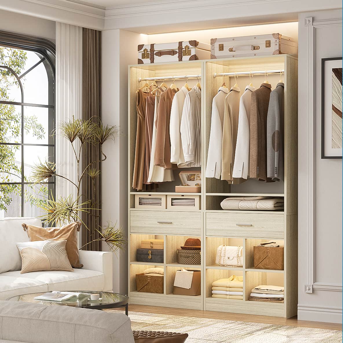 2-Pack Freestanding Closet System with 2 Wood Drawers & 8 Cubby Storage, Double Garment Rack Organizer ,50''W x 80''H
