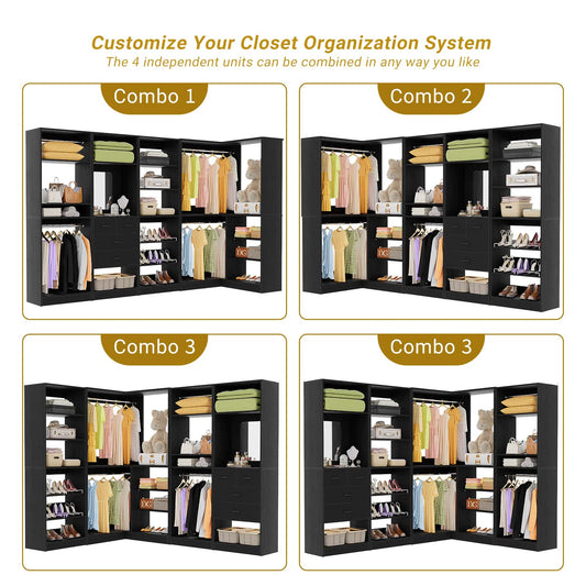 110'' Closet System with 4 Sets, Frestanding Walk-in Closet Organizer Tower with 4 Drawers & Hanging Rods
