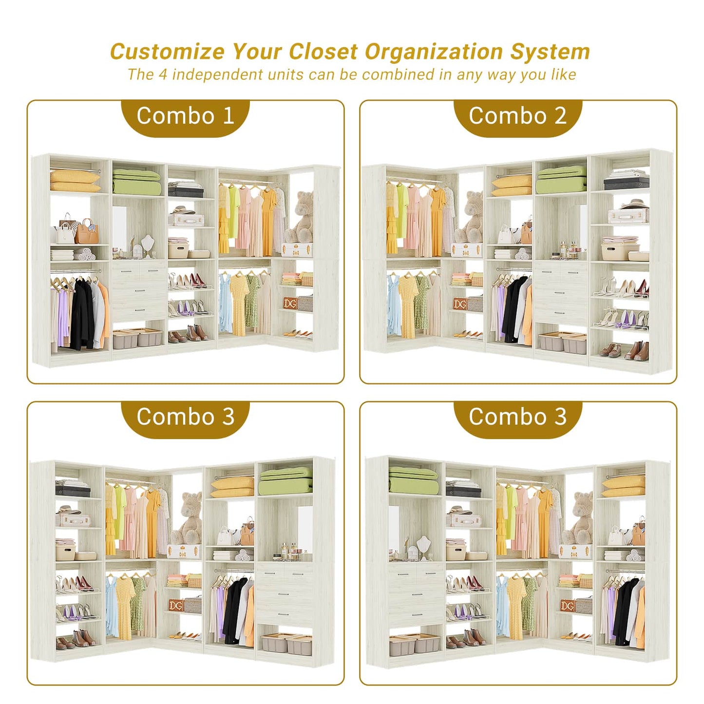 110'' Closet System with 4 Sets, Frestanding Walk-in Closet Organizer Tower with 4 Drawers & Hanging Rods