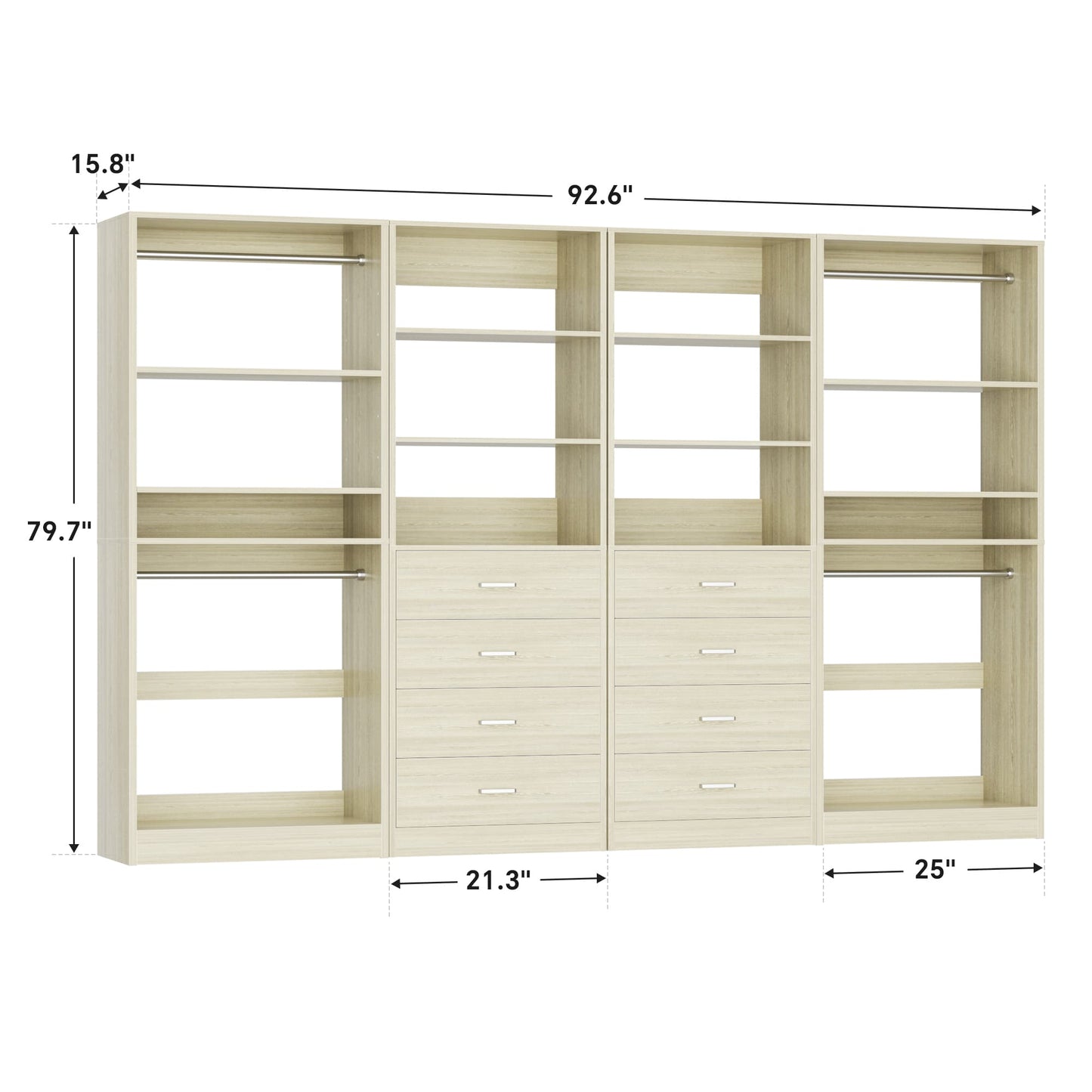 92.6" Closet System with 8 Drawers and 4 Hanging Rods, 4-Piece Set