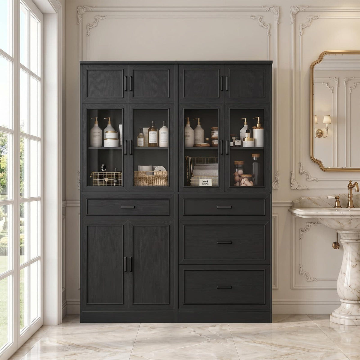 80" Tall Kitchen Pantry Cabinet Sets with Glass Doors, Adjustable Shelves & Drawers - Freestanding Storage Cupboard for Kitchen, Dining Room, Living Room, Bathroom