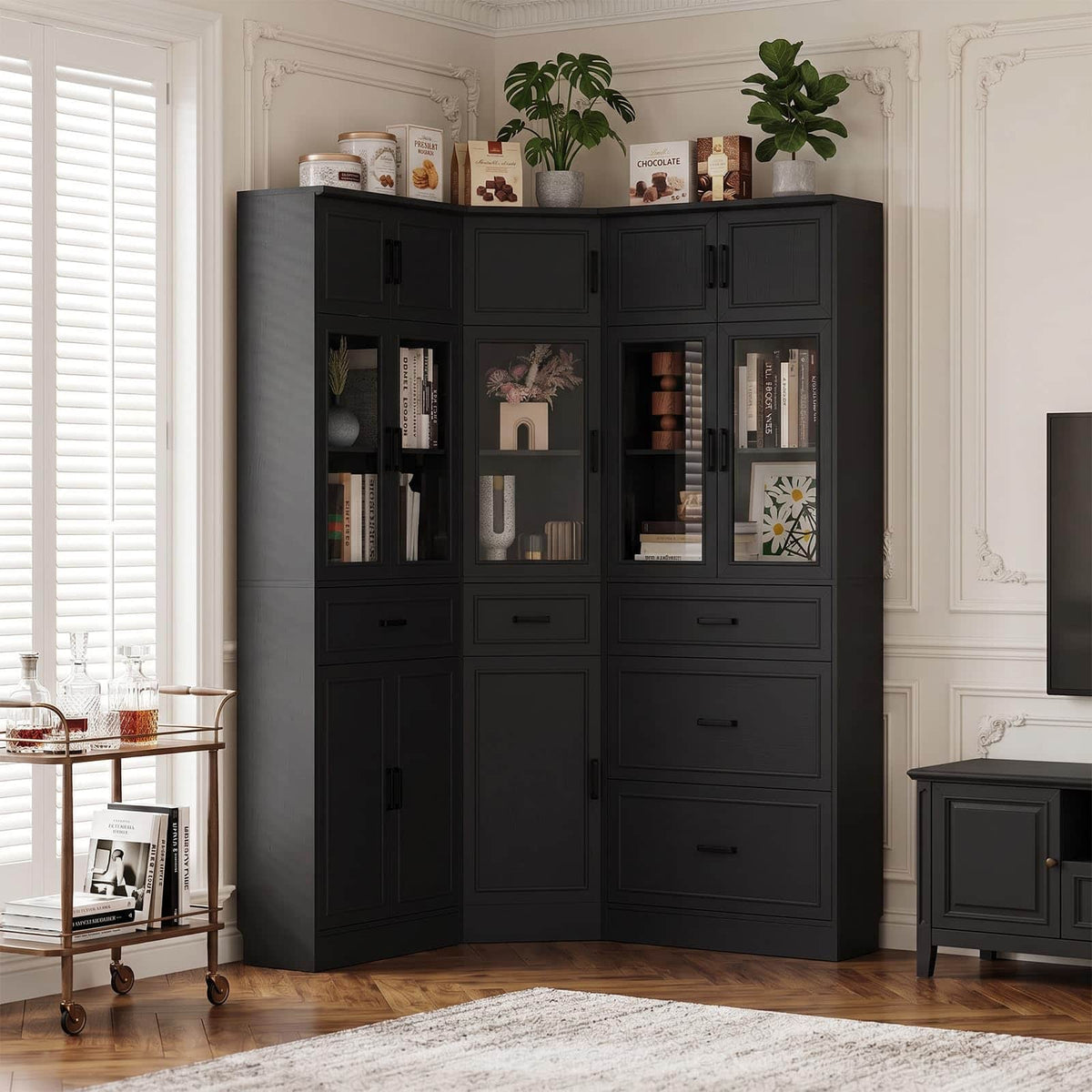 80" Farmhouse Corner Cabinet + Freestanding Pantry Set with Adjustable Shelves, Tempered Glass Doors, Versatile Storage for Living Room, Dining Room, Office