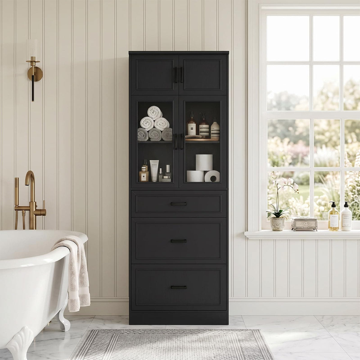 80" Tall Kitchen Pantry Cabinet with Glass Doors, 3 Drawers & Adjustable Shelves - Versatile Storage Cupboard for Kitchen, Dining, Living Room, Bathroom