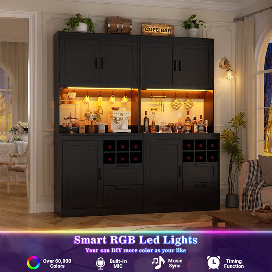 72'' Tall Pantry Cabinet with Outlet & LED Light, 63'' Wide Kitchen Hutch Bar with Microwave Stand, Drawers, Wine Rack & Shelves