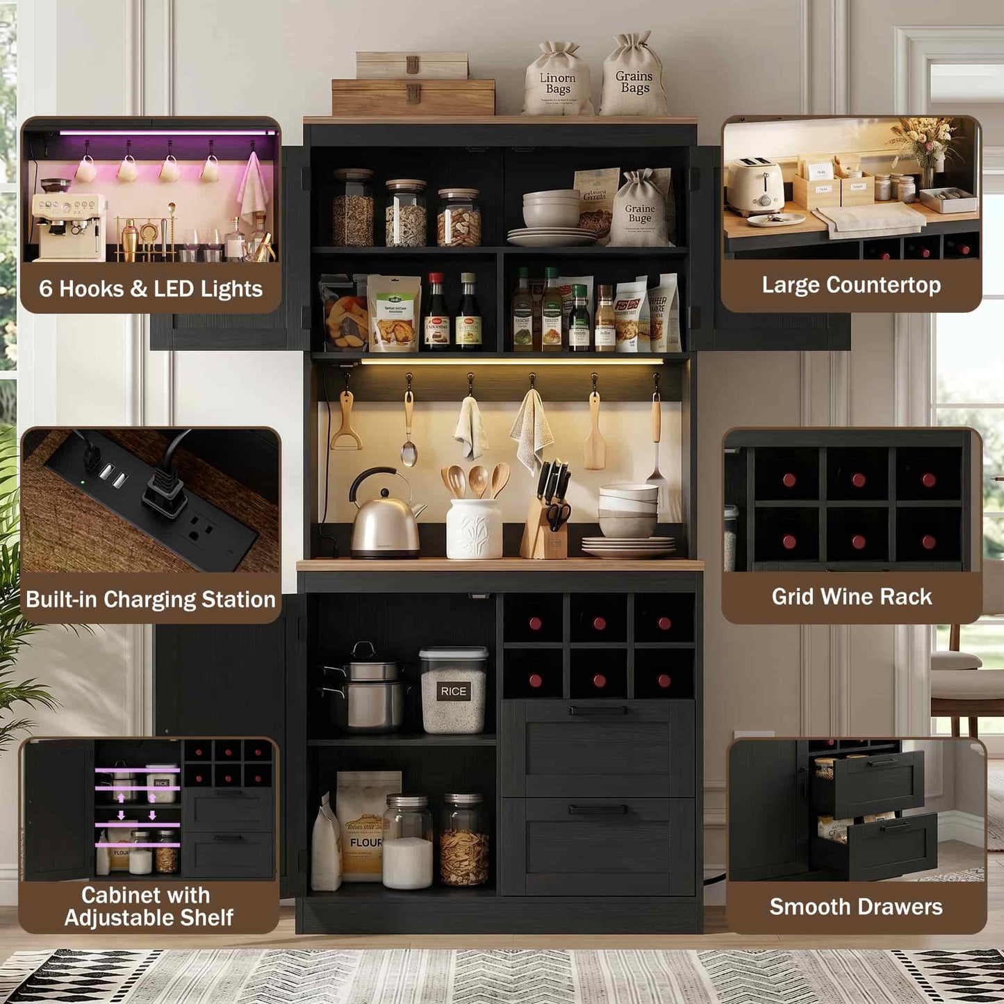72'' Tall Farmhouse Pantry Cabinet with 2 Drawers & Grid Storage, Versatile Wood Storage Cabinet with Power Outlets, LED Lights