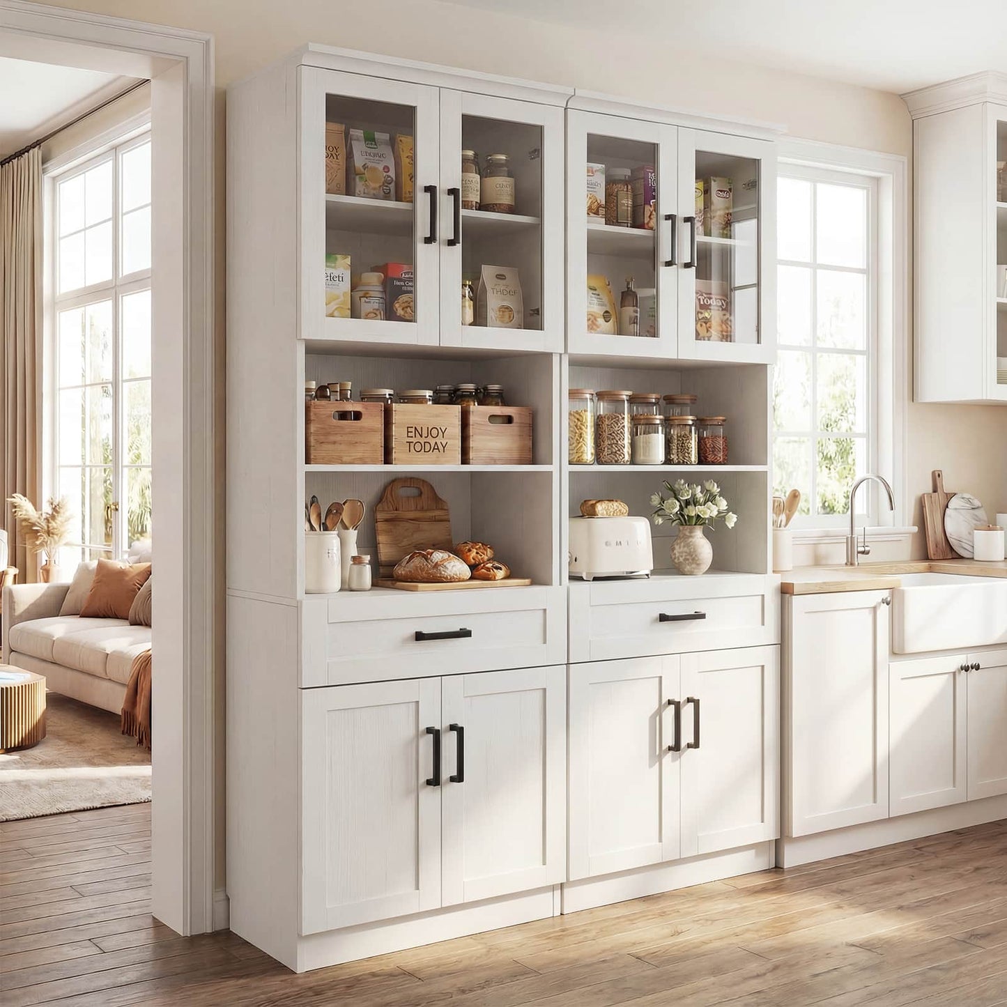 79.7" Tall Kitchen Pantry Storage Cabinet, Freestanding Kitchen Hutch Cabinet with Glass Door, Adjustable Shelves and Drawer