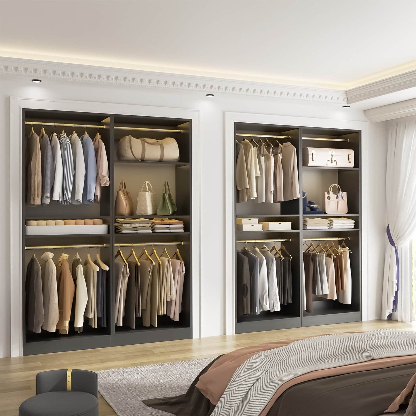 50'' Closet Organizer System, Set of 2, Heavy Duty Closet Storage & Organizer with 4 Hanging Rods and Adjustable Shelves