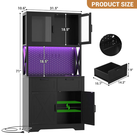 71" Tall Pantry Cabinet with Outlets and LED Light, Kitchen Cabinet with Drawers and Cabinets