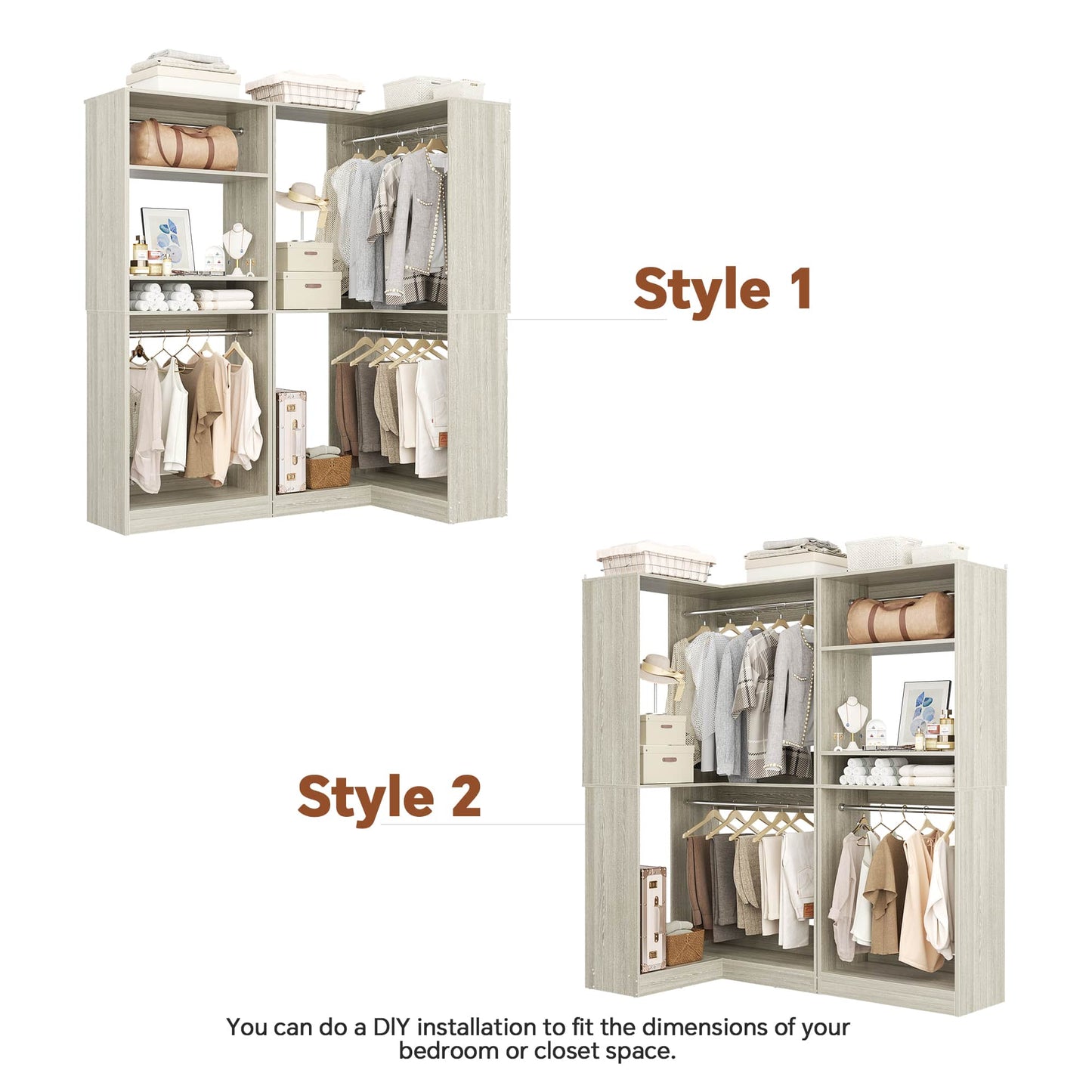 56.5'' x 31.5 Corner Closet Organizer and Storage System with 4 Hanging Rods and Shelves