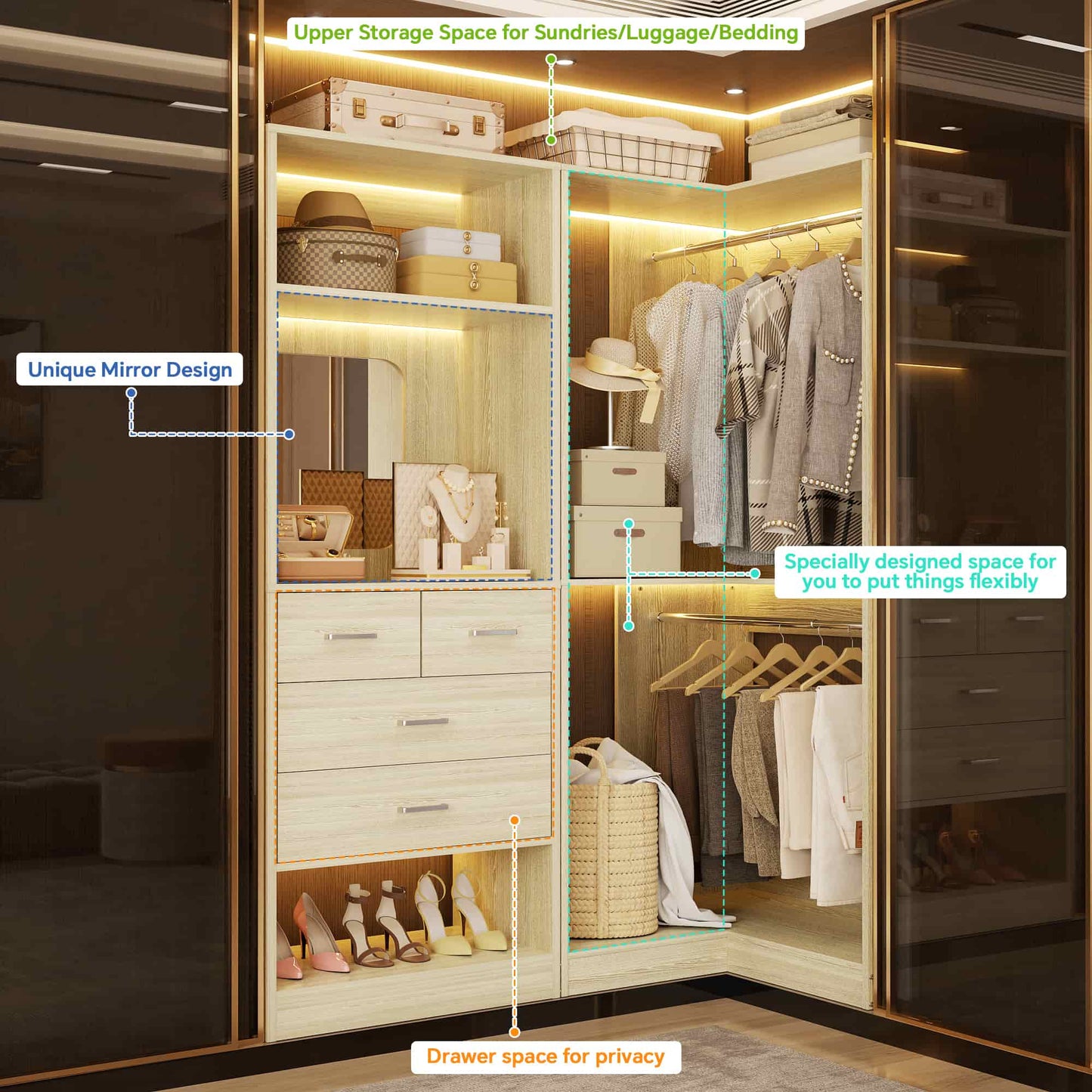 Freestanding 56.5 Inch Corner Closet Organizer System with 4 Drawers and 4 Hanging Rods