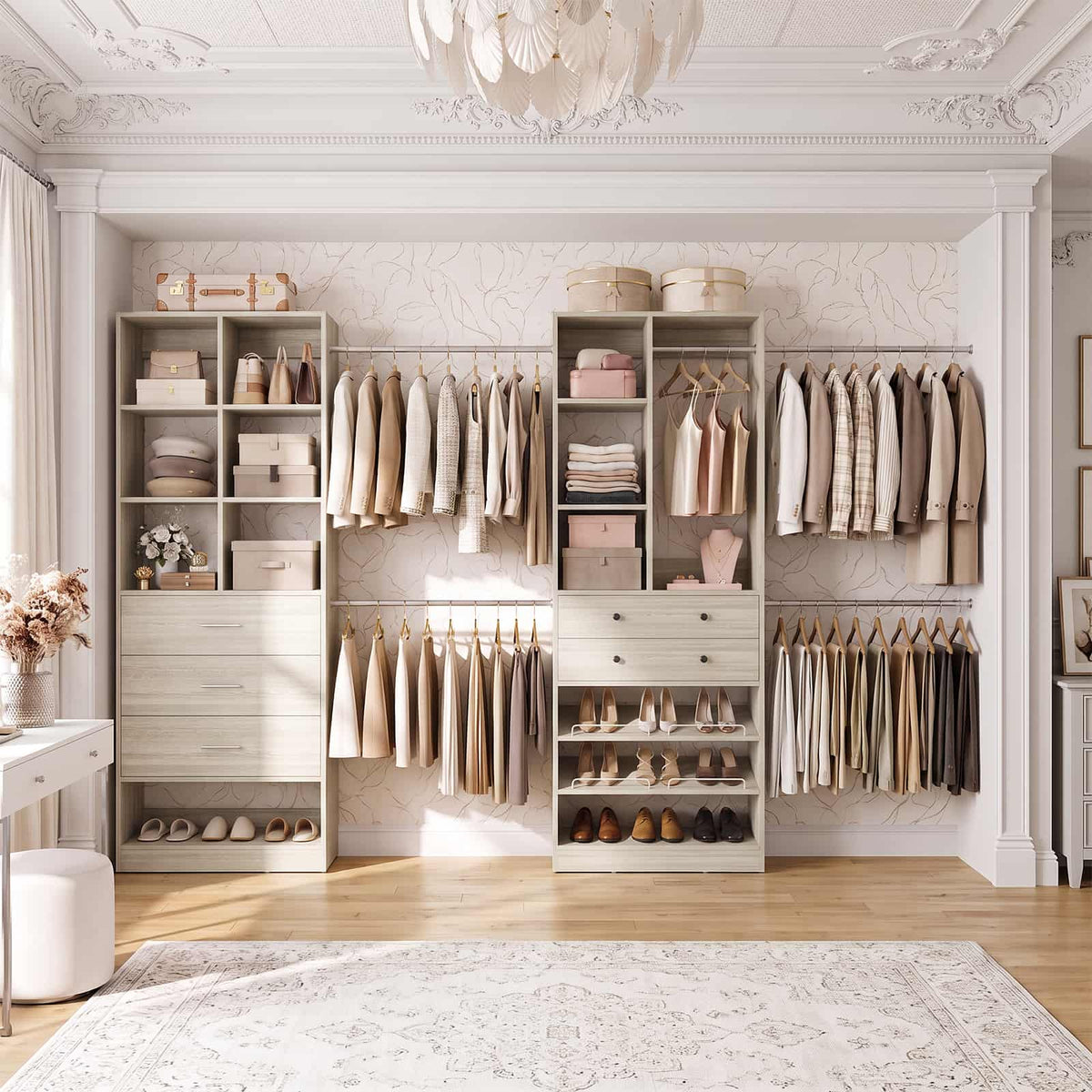 92 - 126 Inch Expandable Closet Storage System with 5 Drawers, 5 Hanging Rods & 15 Shelves