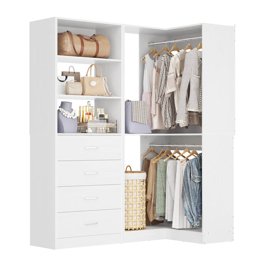 4.4FT Freestanding Closet System with 4 Drawers, Walk-in Closet Organizer System with Shelves & 2 Hanging Rods