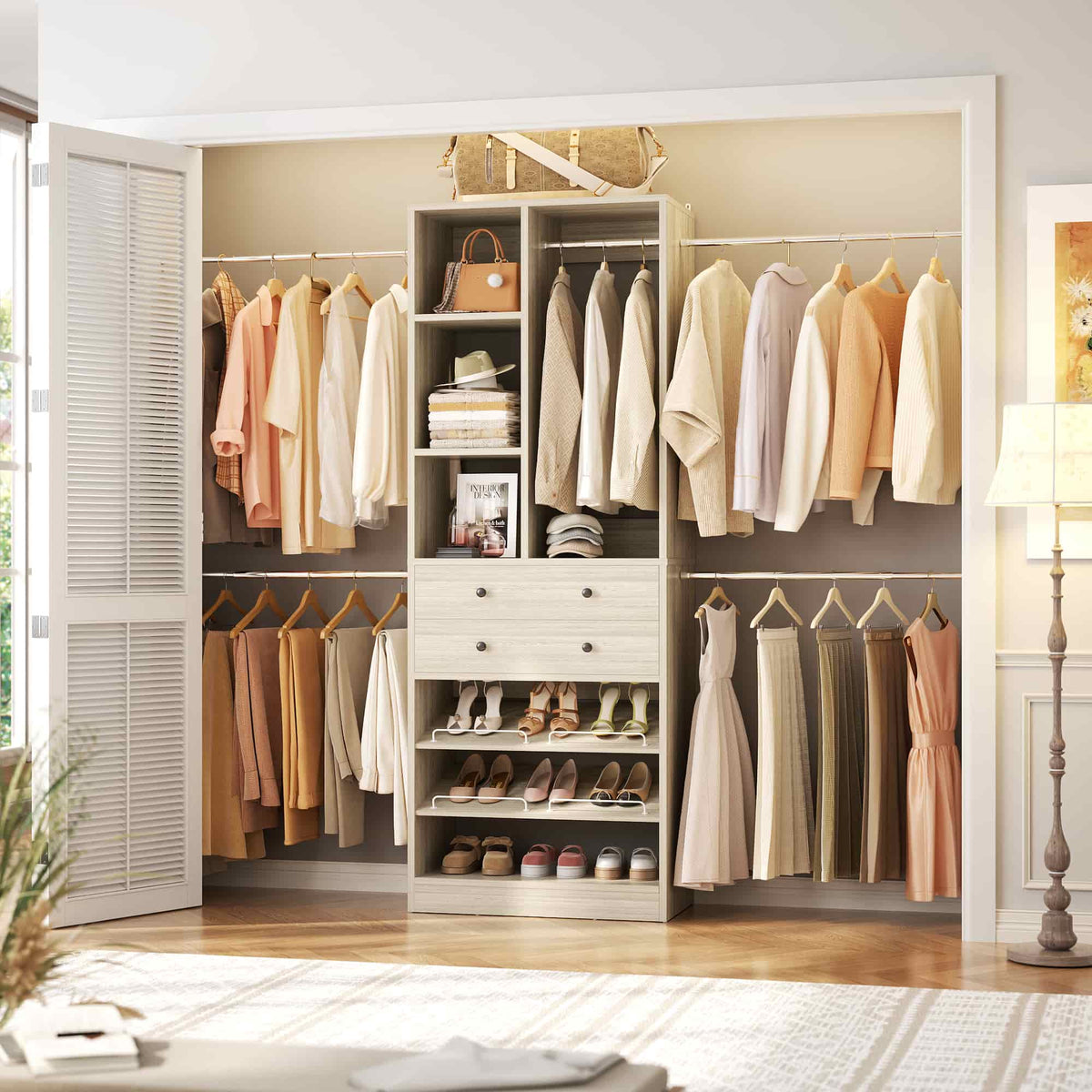 2.4–8.8 FT Adjustable Closet System, with 2 Drawers, 5 Hanging Rods & Adjustable Shelves