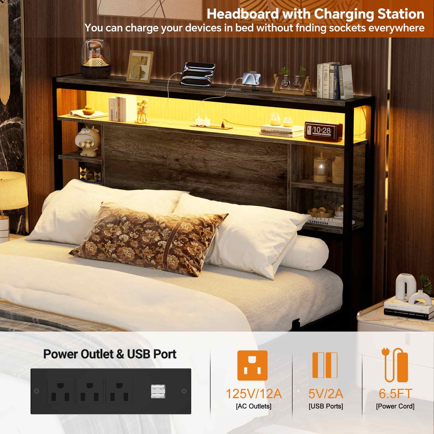 Full Headboard with Storage, Headboards with Power Outlets and Smart LED Light, Sturdy Head Board for Full Size Bed