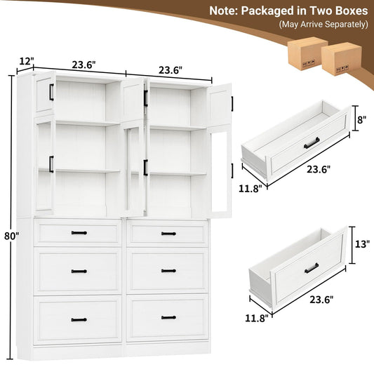 2-Pack 80" Tall Kitchen Pantry Storage Cabinets with Glass Doors, Adjustable Shelves & 3 Drawers - Versatile White Storage Cupboards