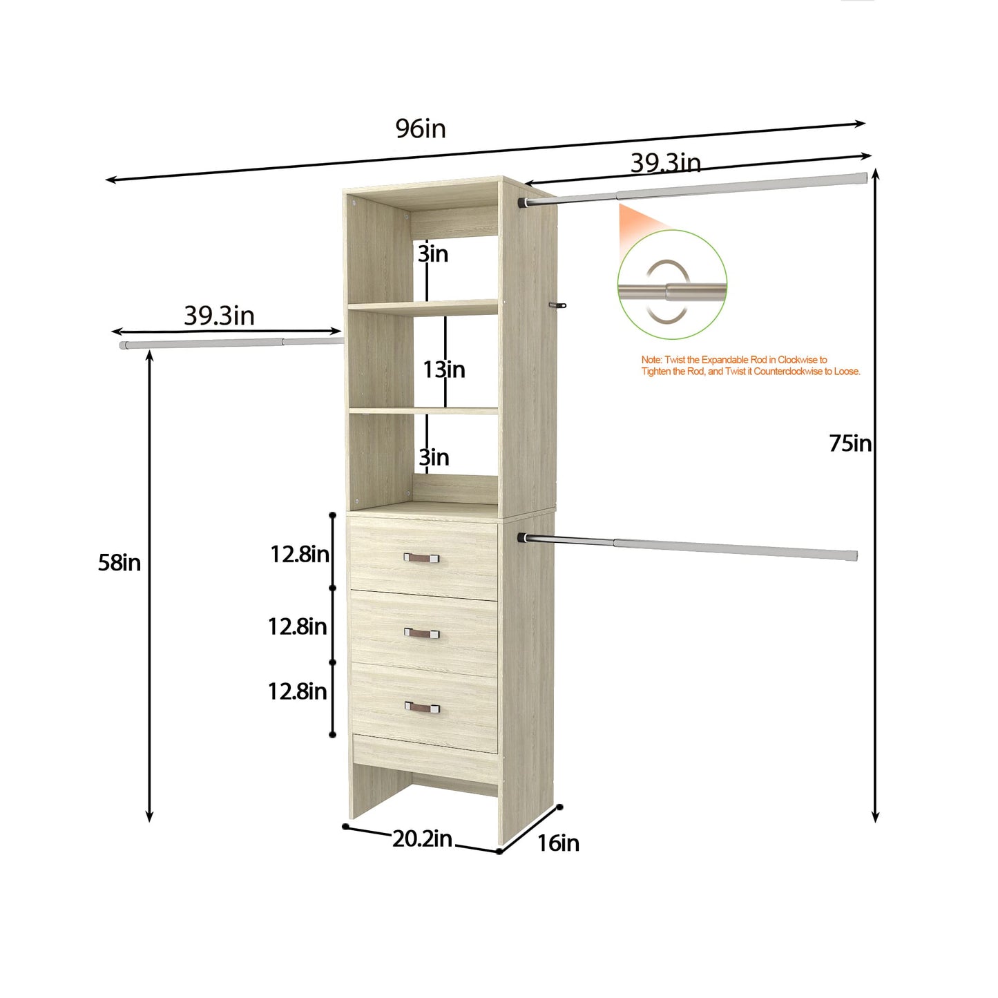 Adjustable 5-8FT Wall-Mounted Closet Organizer System with 3 Hanging Rods & 3 Wood Drawers
