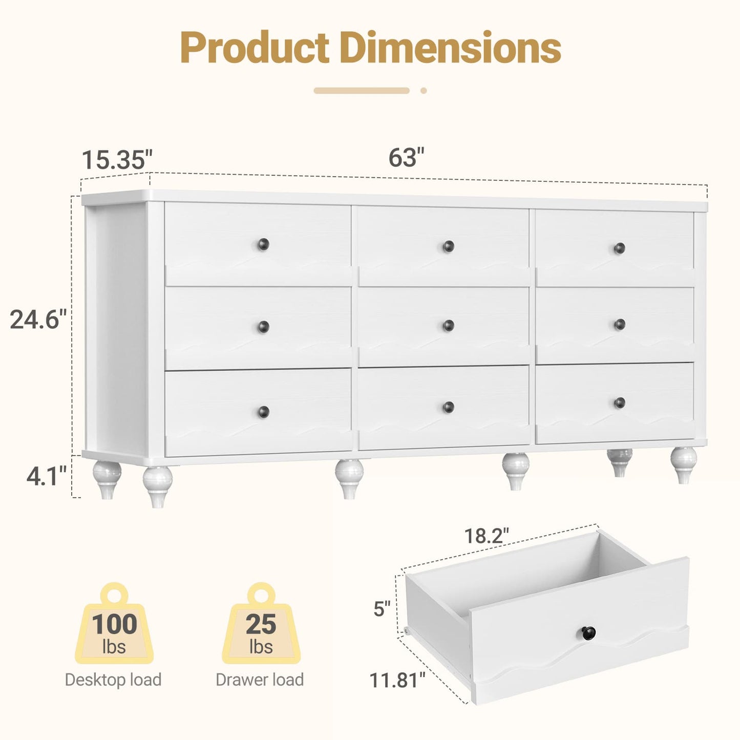 9 Drawer Dresser, 63" Wide Modern Chest of Drawers