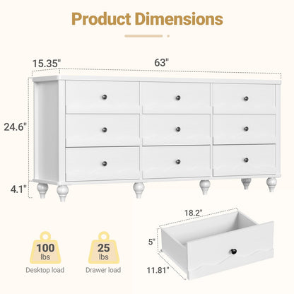 9 Drawer Dresser, 63" Wide Modern Chest of Drawers