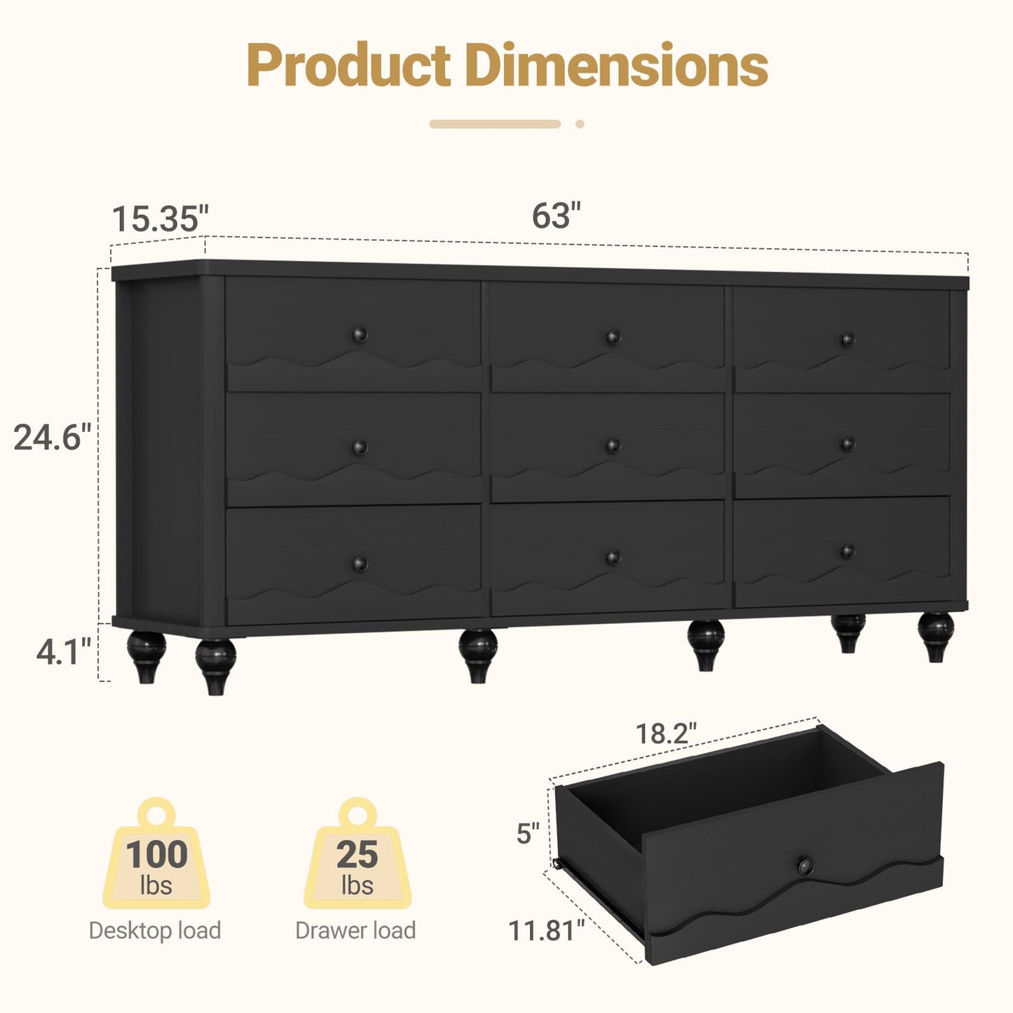 9 Drawer Dresser, 63" Wide Modern Chest of Drawers
