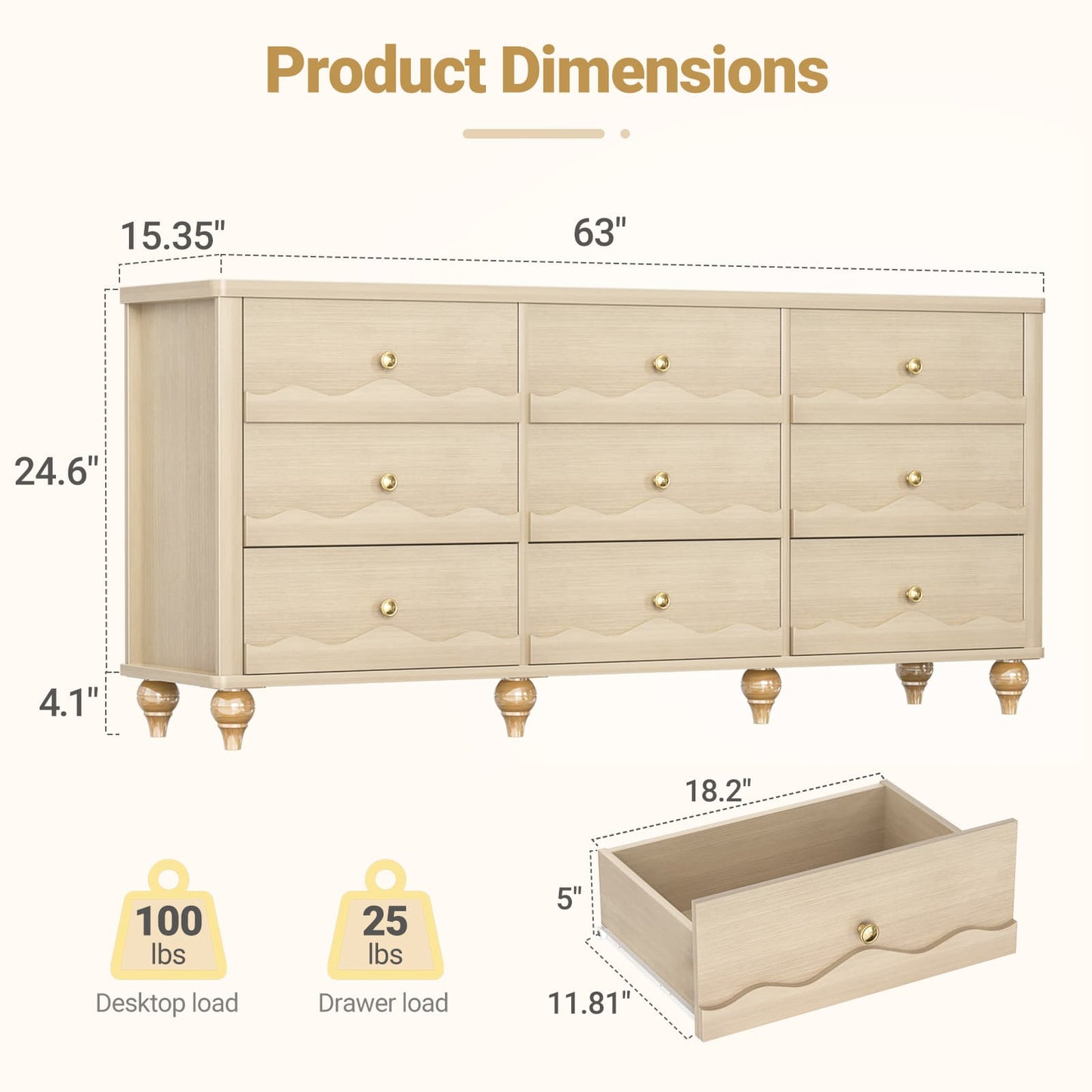 9 Drawer Dresser, 63" Wide Modern Chest of Drawers