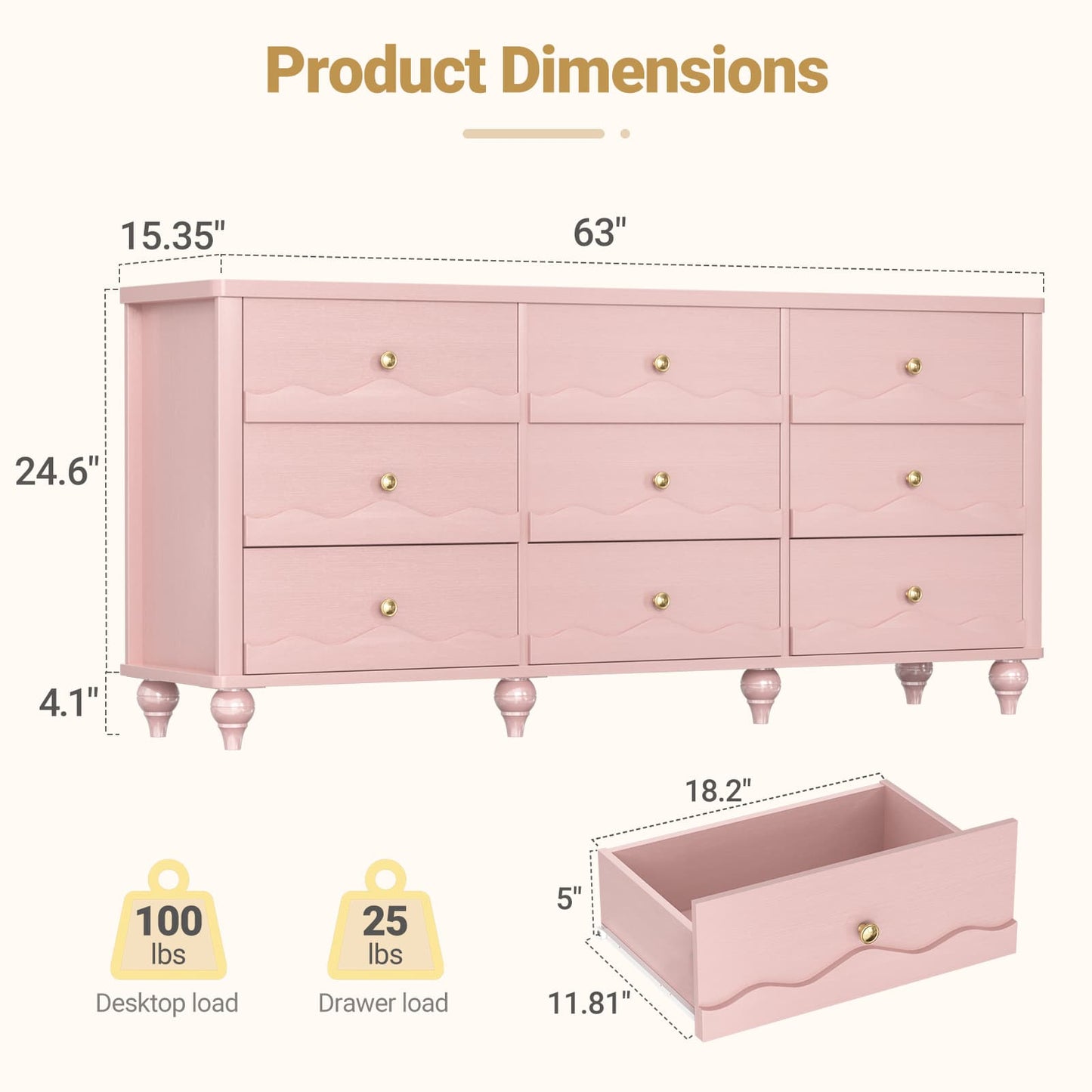 9 Drawer Dresser, 63" Wide Modern Chest of Drawers