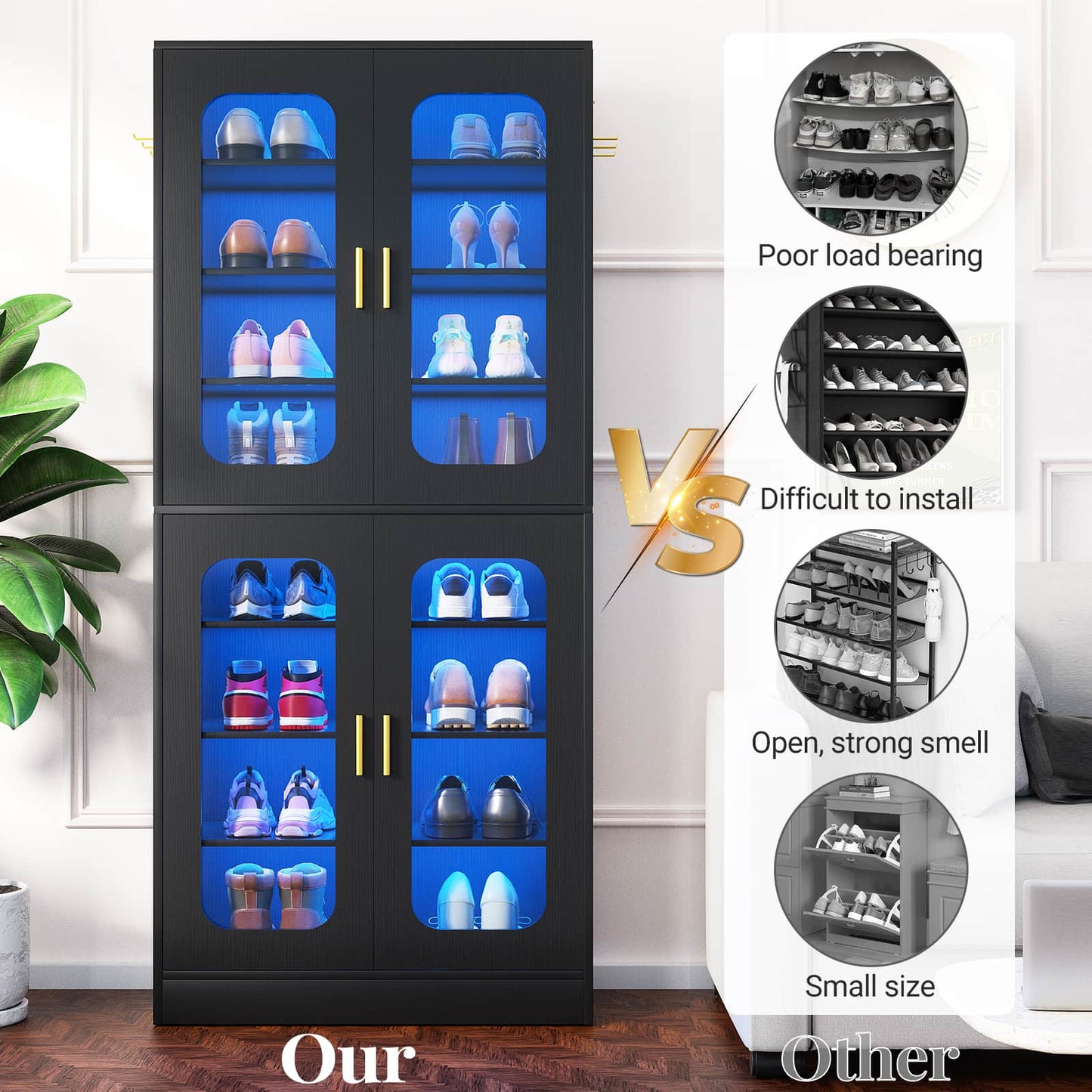 2-Pack 8-Tier LED Shoe Cabinets with Adjustable Shelves, Freestanding Shoe Racks with Hanging Hooks