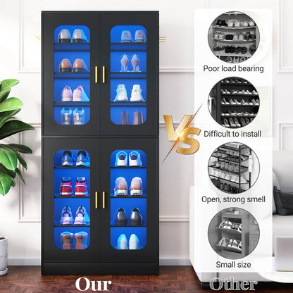2-Pack 8-Tier LED Shoe Cabinets with Adjustable Shelves, Freestanding Shoe Racks with Hanging Hooks