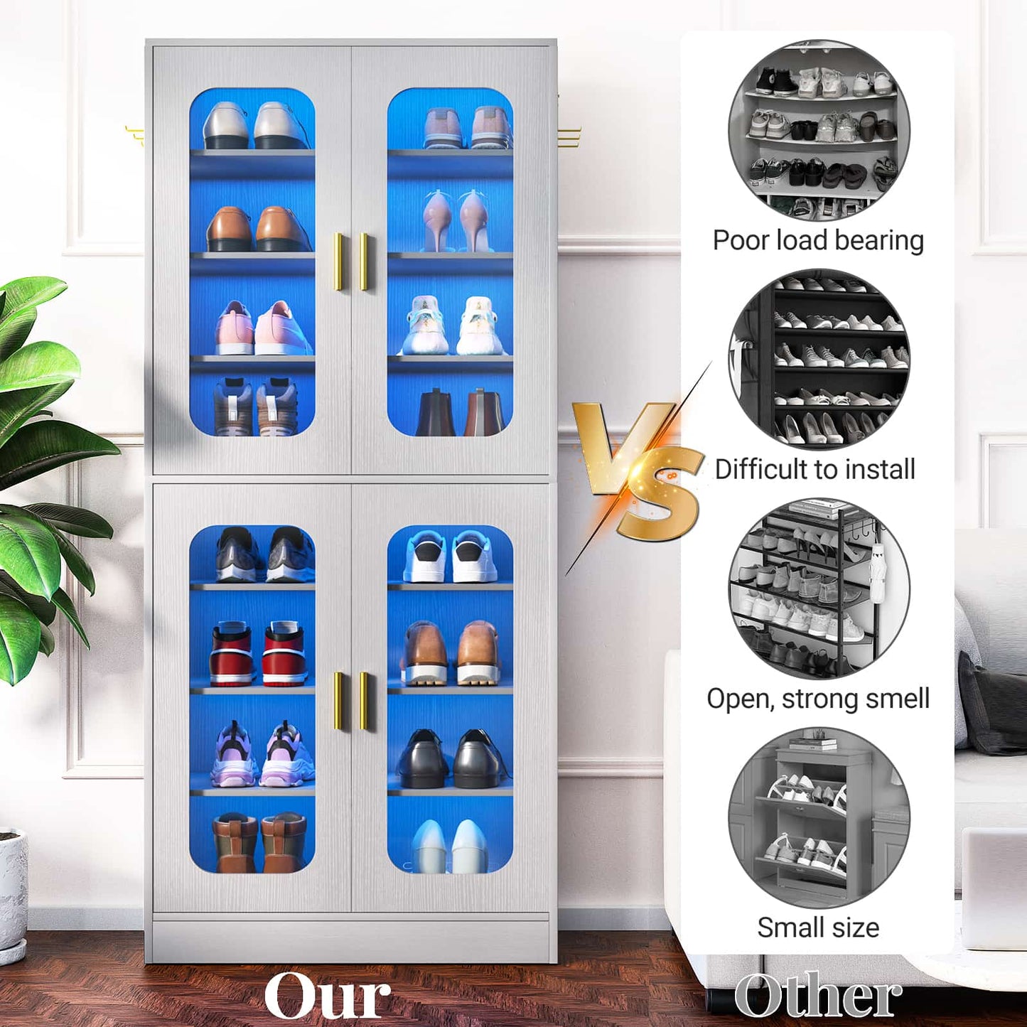 8-Tier LED Shoe Cabinet with Adjustable Shelves - 67 inch Tall Shoe Racks with Hooks for Entryway, Living Room, 24-32 Pairs
