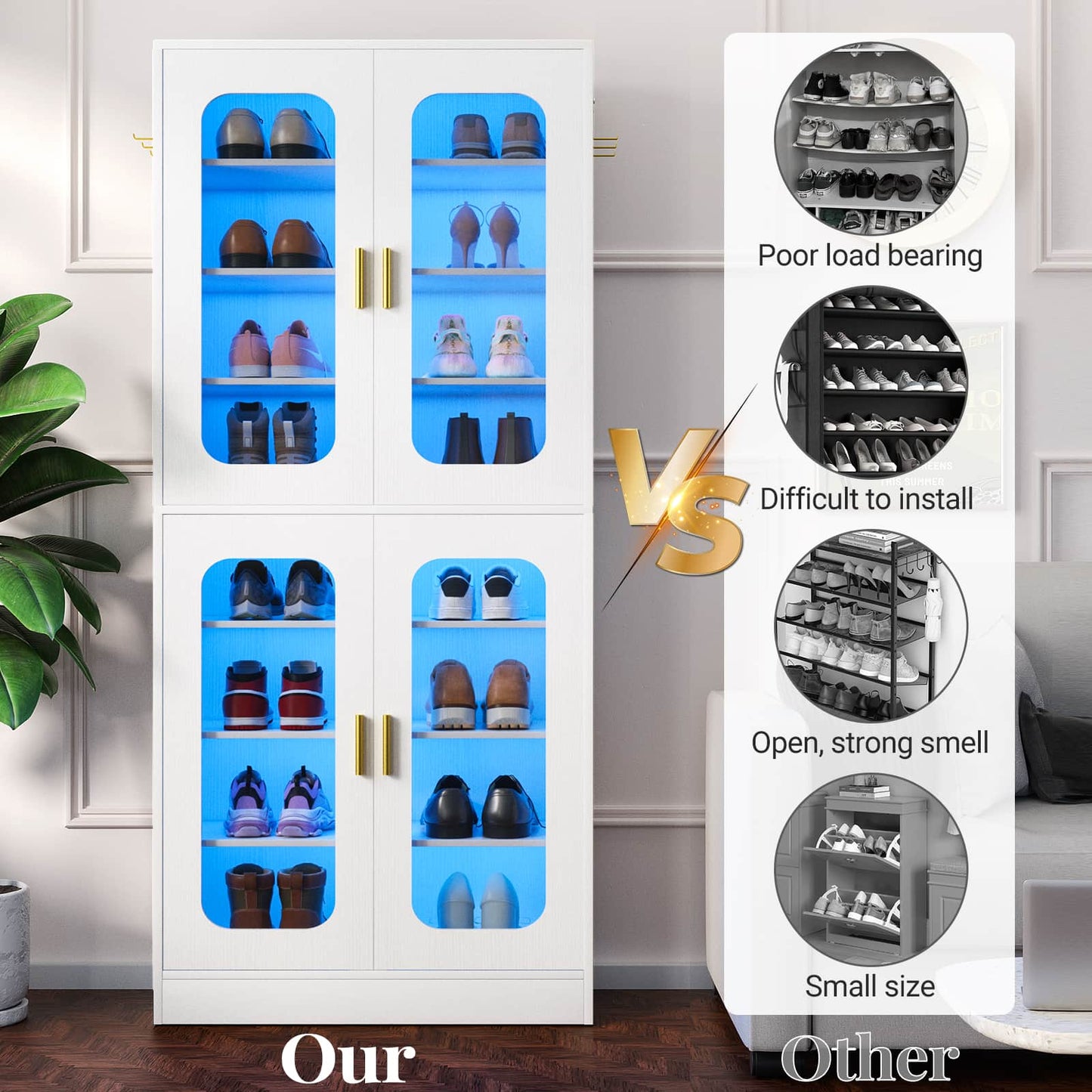 2-Pack 8-Tier LED Shoe Cabinets with Adjustable Shelves, Freestanding Shoe Racks with Hanging Hooks