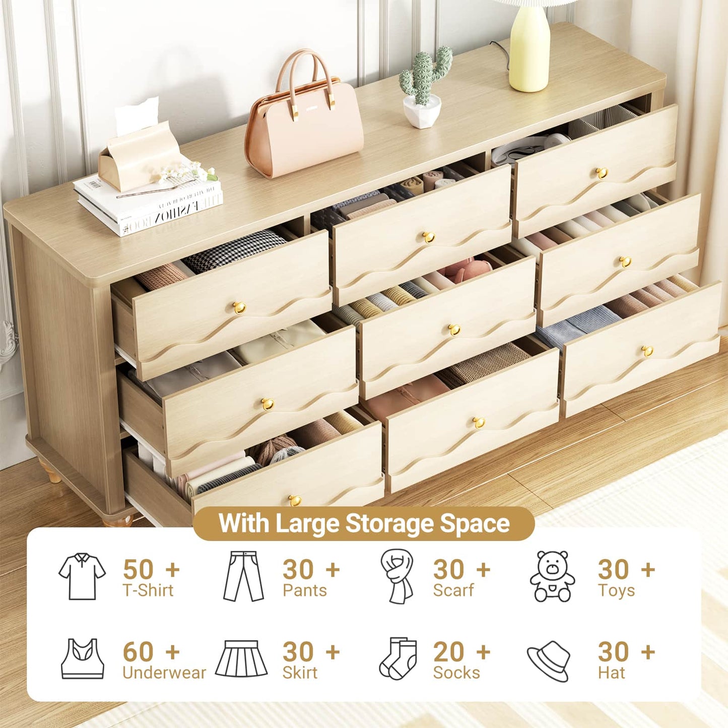 9 Drawer Dresser, 63" Wide Modern Chest of Drawers