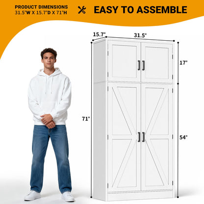 Farmhouse Kitchen Pantry Storage Cabinet with Adjustable Shelves and Barn Doors