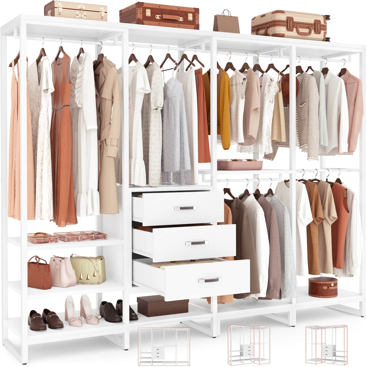 Closet System Organizer Walk-in Closet for Bedroom with 3 Wood Drawers