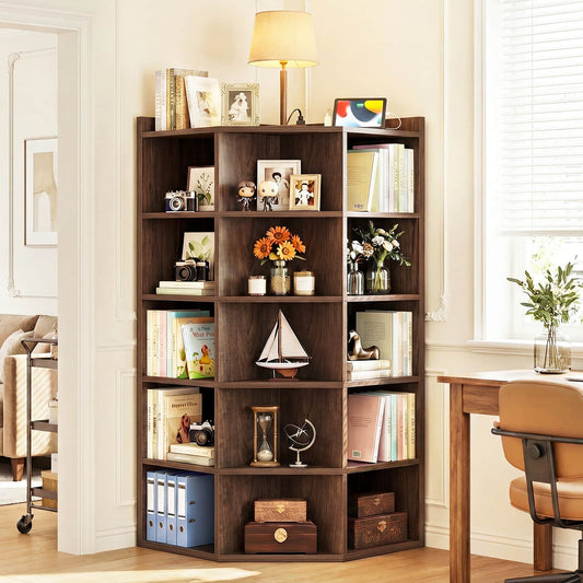 6-Tier Corner Cabinet with Power Outlets & 15 Cubes - Wooden L-Shaped Bookshelf, Toy Storage for Home Office, Bedroom, Living Room