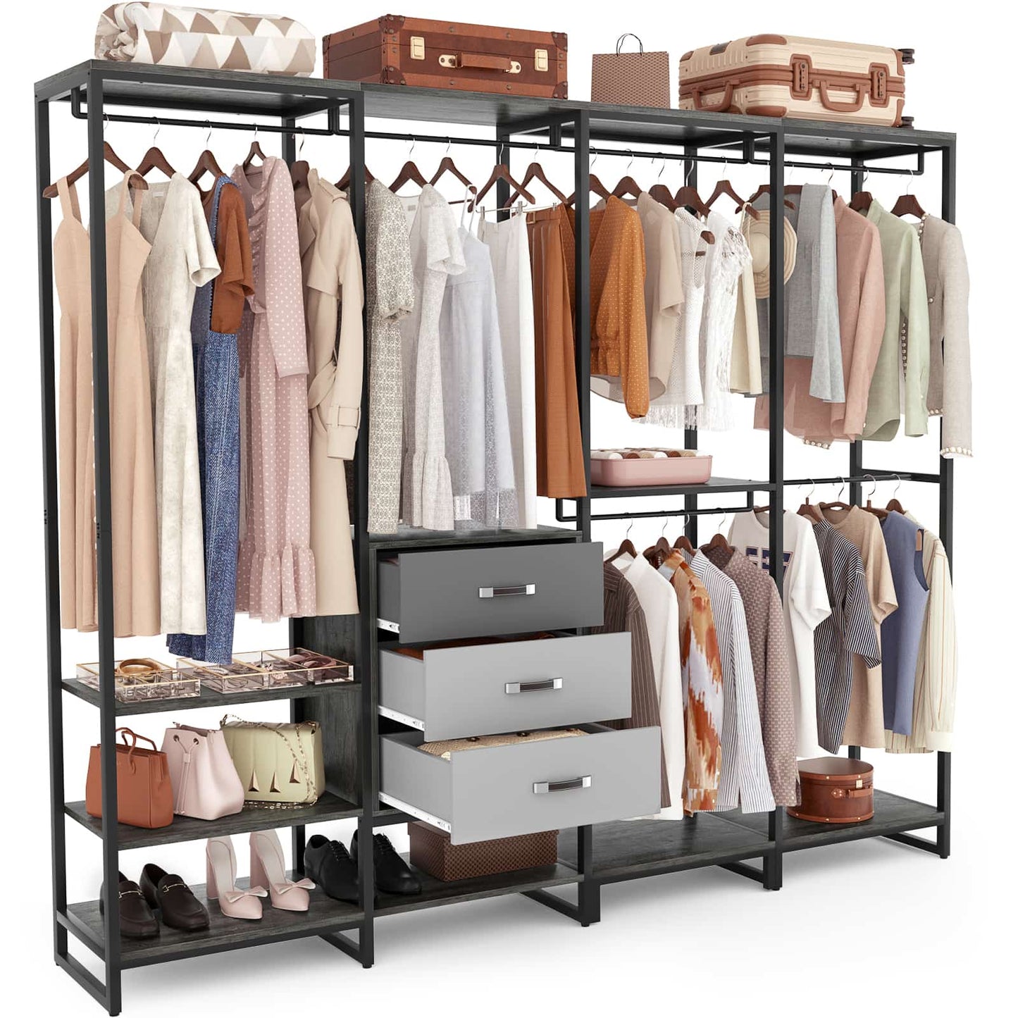 Closet System Organizer Walk-in Closet for Bedroom with 3 Wood Drawers